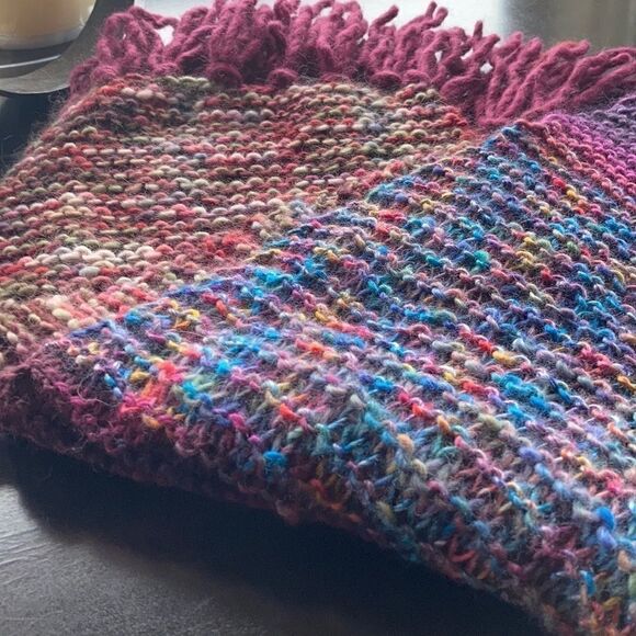 HAND CRAFTED Luxury yarn chunky knit scarf multi color wool plum orange fringe - Picture 14 of 16